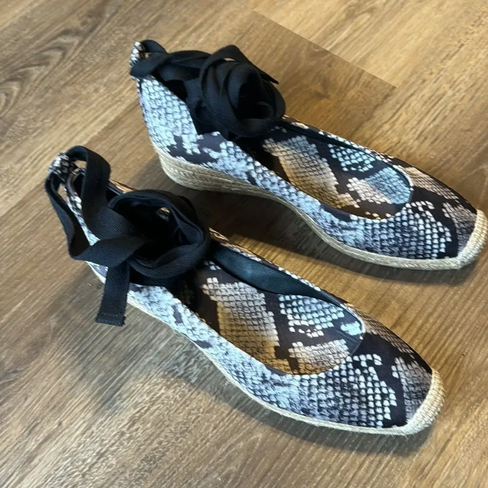 Tory Burch Women's Heather Ankle Wrap Wedge Espadrilles Snake Print Size 9.5 M